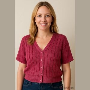 Sigrid Olsen Sport Vintage Y2K Women's Open Knit Cropped Sweater Berry Pink L